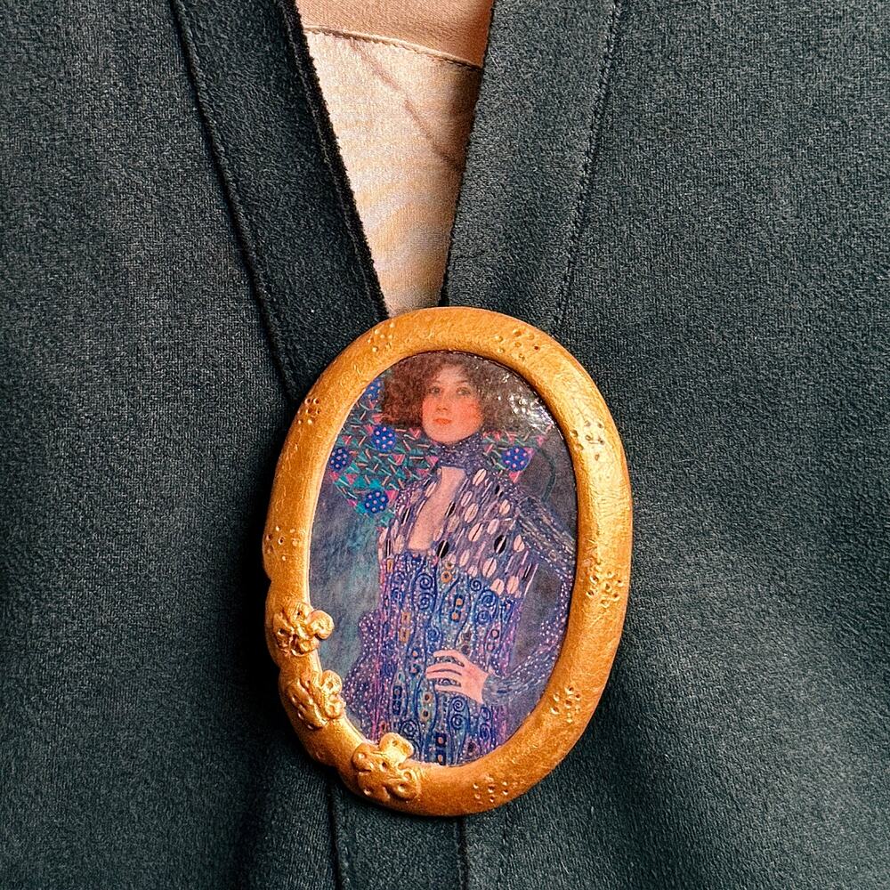 Hand-Painted Gustav Klimt Brooch, Adele Bloch-Bauer Miniature